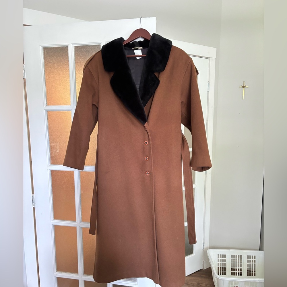 100% pure virgin wool camel trench wrap coat with fur collar